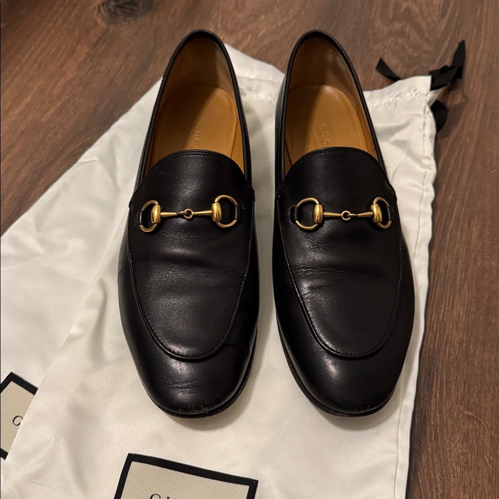 Gucci Jordaan Horsebit Black Leather Loafers | Classic Gucci Slip-On Size 37.5 - Picture 2 of 10